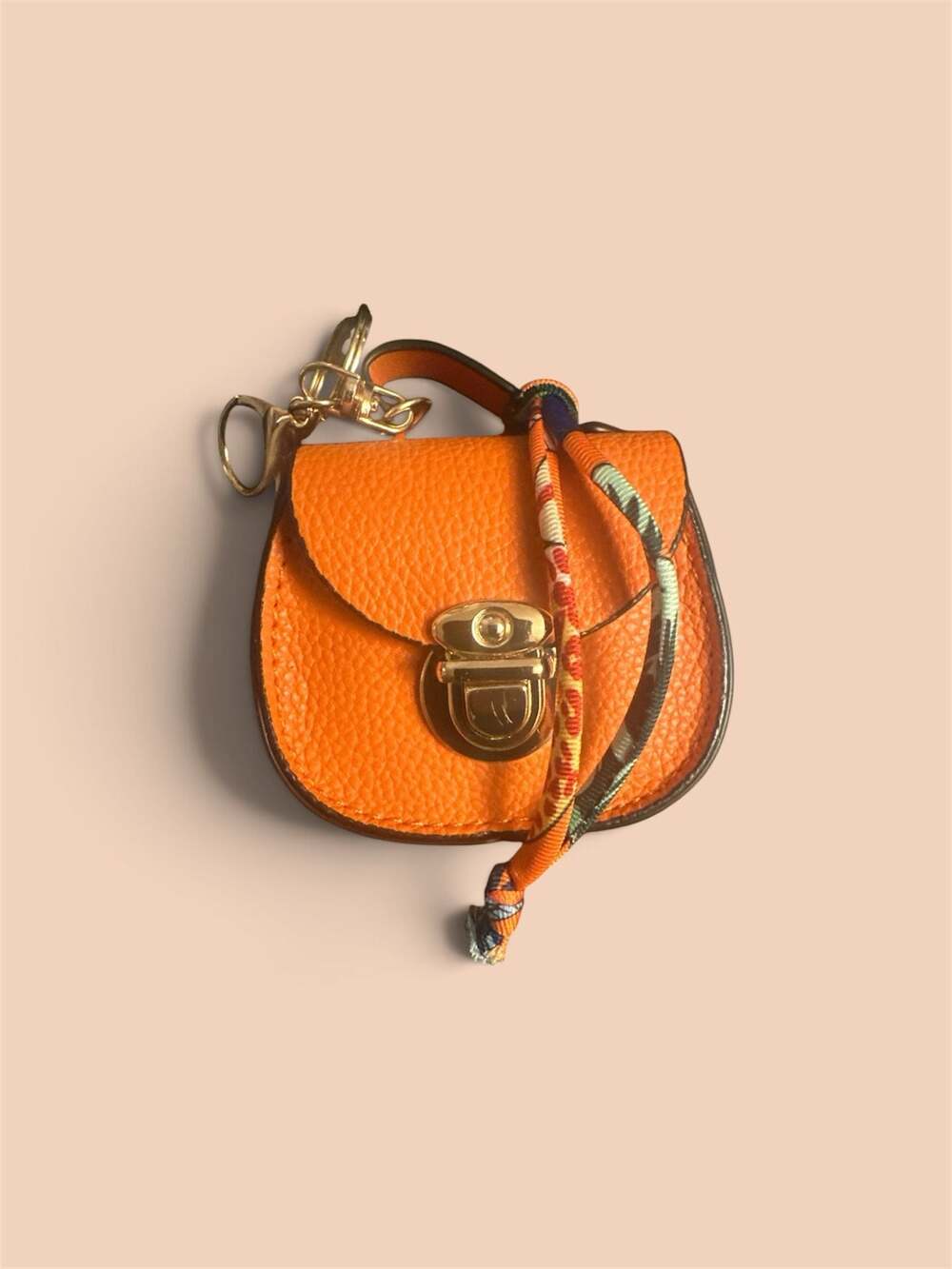 Orange Leather Mini Saddle Bag Keychain Coin Purse with Silk Twilly Scarf